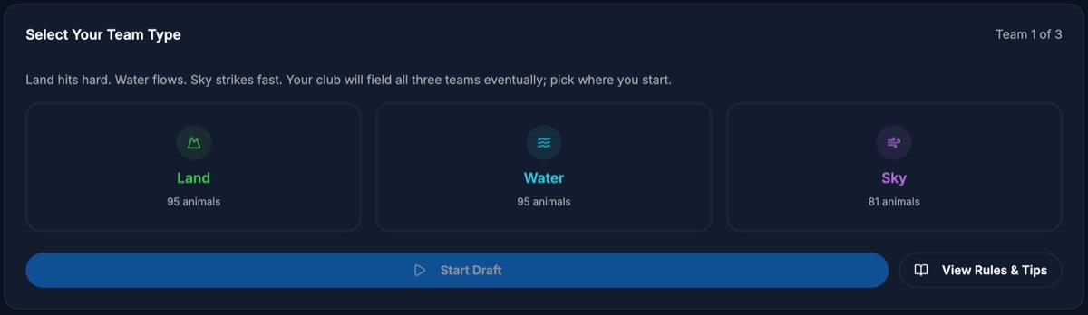 The team type picker: Land, 95 animals; Water, 95 animals; Sky, 81 animals